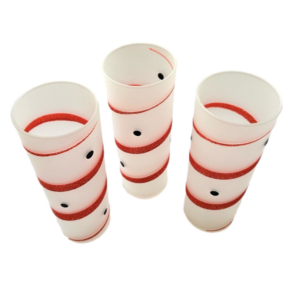 3 Vintage Frosted Highball Tumbler Glasses MCM Red Stripe Black Polka Dots - Picture 3 of 6